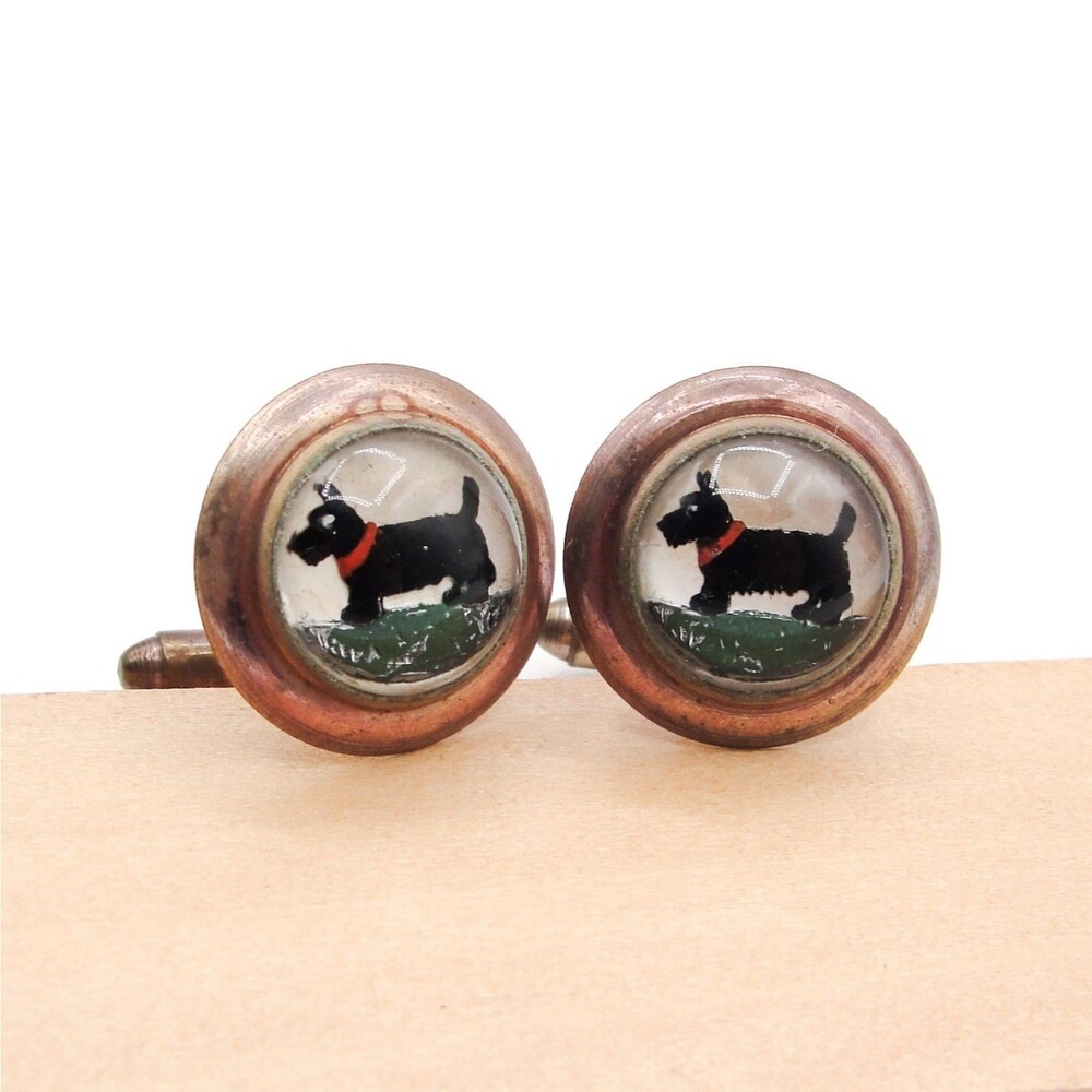 Vintage Pioneer Scottie Dog Cufflinks Reverse Painted Glass Scottish Terrier